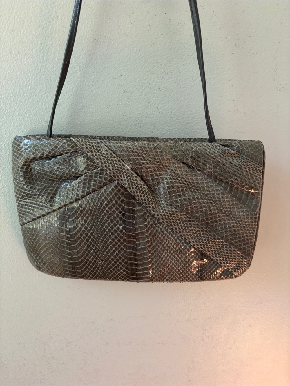 VTG 1980s Genuine Snakeskin Convertible Clutch Bag - Olive Green - Picture 6 of 12